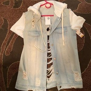 Distressed Denim Shacket with Short Sleeves